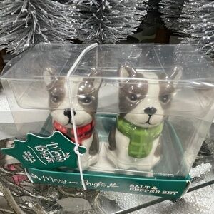 Christmas Santa Dog French Bulldog Frenchies Ceramic Salt & Pepper Shakers NWT